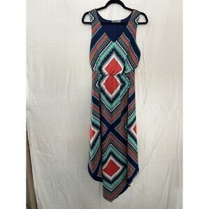 Bailey‎ Blue Long Maxi Sleeveless Dress Sz S V-neck Boho Geometric Colorful